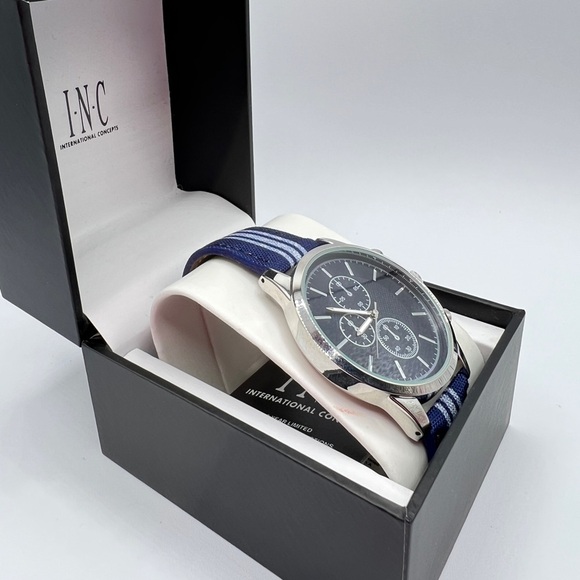 Inc International Concepts Men's Blue & White Striped Denim Strap Watch 42mm - Picture 4 of 6